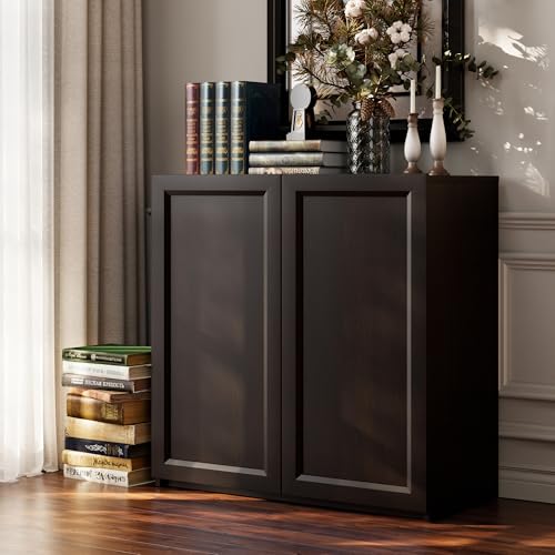 FENSULN Modern Sideboard Accent Buffet Storage Cabinet Display Buffet Cabinet Credenza with Adjustable Shelves for Dinging Room Living Room Entryway Coffee Bar,Dark Brown - color: Dark Brown
