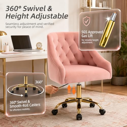 MOJAY Velvet Home Office Desk Chair, Vanity Chair with Wheels Pretty Fancy Gold 360°Swivel Height Adjustable Office Chairs for Girls Home Offices, Bedrooms, Living Room (Pink) - color: Pink
