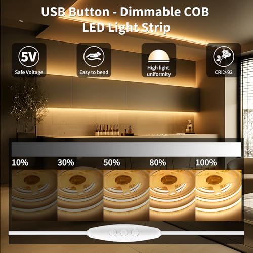 Meliya COB LED Strip Light, 5V USB LED Strip Light, 6.6ft Bright Daylight White Flexible Dimmable Light Strip for Display Cabinet, Living Room, TV Cabinet, Mirror, Kitchen Cabinet, Bedroom