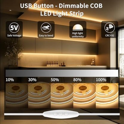 Meliya COB LED Strip Light, 5V USB LED Strip Light, 6.6ft Bright Daylight White Flexible Dimmable Light Strip for Display Cabinet, Living Room, TV Cabinet, Mirror, Kitchen Cabinet, Bedroom