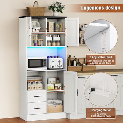 Farmhouse Kitchen Pantry Cabinet with LED Lights and Power Strip, Tall Kitchen Storage Cabinet, Kitchen Hutch with Microwave Stand & Barn Doors and Drawers for Dining Room (White) - color: White, style: Modern