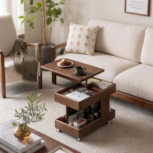 Small Lift Top Coffee Table with Wheels, Solid Wood Table with Storage | Lift top coffee table with hidden storage, rotating tabletop and wheels, designed for small spaces with no assembly required. - color: Walnut