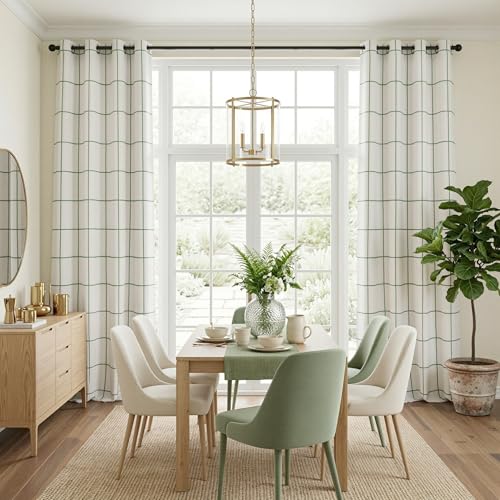 MYSKY HOME 100% Blackout Green Plaid Linen Curtains 84 Inch Long 2 Panels Set Double Layer Farmhouse Thermal Insulated Striped Print Drapes Grommet Top for Bedroom Living Room, 52" W Each Panel - color: Green, size: 52"W x 84"L (Pack of 2)