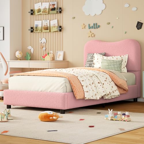GarveeHome Twin Bed Frame for Kids with Upholstered Boucle Fabric, Pink | Upholstered Headboard, Low Profile, Sturdy Platform Bed for Girls and Boys, Wooden Slats, Noise Free, No Box Spring Needed - color: Pink, size: Twin
