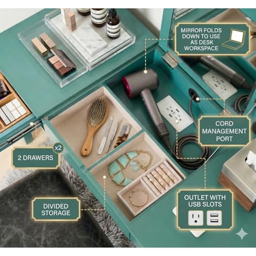Hives and Honey Parsons Vanity Desk, Lift-Top Mirror, Storage, USB & Power Outlet, 2 Drawers, Smooth Glide, Modern Wood Grain Design, Brushed Chrome Hardware, Makeup & Dressing Table, Turquoise - color: Turquoise