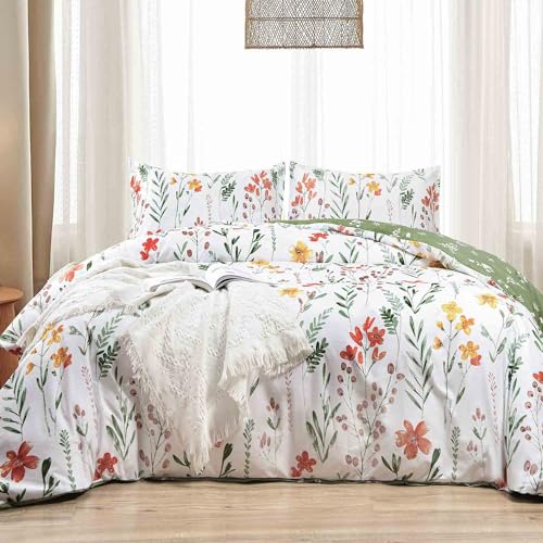 King Size Comforter Set, White Yellow Floral, Green Leaf Pattern Print Reversible Down Alternative Bed Sets - 104 x 90 3PC Soft Microfiber Flower Duvet Vintage Farmhouse Bedding in a Bag for Women Men - color: White Yellow Floral Comforter Set, size: King