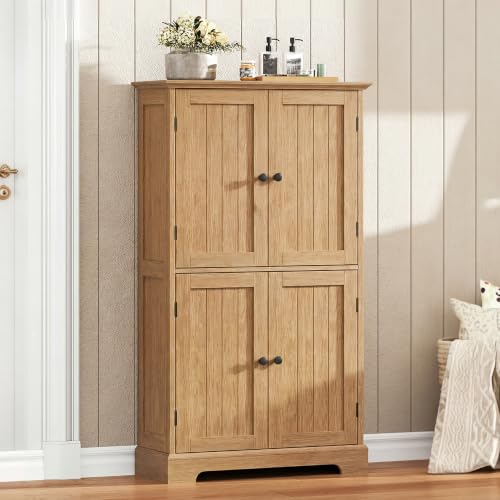 ChooChoo Bathroom Floor Cabinet with Adjustable Shelves | Bathroom Storage Cabinet, 4 Doors, Freestanding Cupboard for Living Room, Natural - color: Oak, size: 11.81"D x 23.62"W x 43.31"H