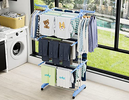 HOMIDEC Clothes Drying Rack, 4-Tier(67.7" H) Foldable Drying Rack Clothing | Foldable Stainless Steel Drying Rack, Movable Laundry Drying Rack with 4 Castors and 14 Hooks for Bed Linen, Clothing, Blue - color: Blue
