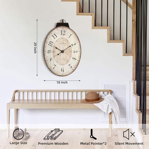 24" H x 18" W Large French Country Oval Wall Clock for Living Room Decor, Rustic Farmhouse Wall Clock Decorative, Solid Wood Frame with Iron Hanging Ring, Silent Non-Ticking Battery Operated - color: 29 Inch Oval Wall Clock