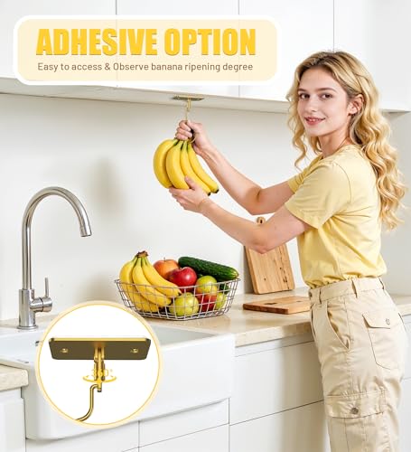 Banana Hook, Metal Banana Hanger Under Cabinet, Gold, 1 Pcs | 2 Mount Options, 360° Rotatable, Magnetic Foldable, Compact Size, Suits for Fruits, Cups, Mugs, Utensils, Oven Mitts, Towels - color: Gold