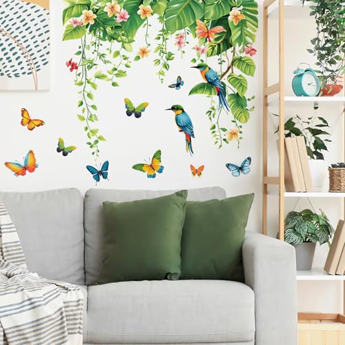 Tropical Green Plants Leaves Wall Decals Removable Hanging Vines Wall Stickers Peel and Stick Birds Butterfly Wall Decor for Bedroom Living Room Bathroom Classroom Decorations - style: Tropical Green Plants