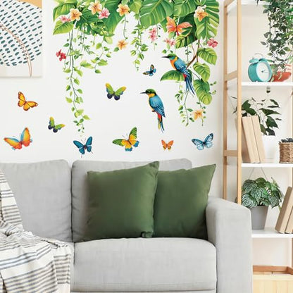 Tropical Green Plants Leaves Wall Decals Removable Hanging Vines Wall Stickers Peel and Stick Birds Butterfly Wall Decor for Bedroom Living Room Bathroom Classroom Decorations - style: Tropical Green Plants