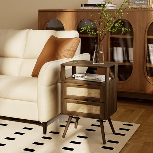 Rattan Nightstand,Farmhouse Bedside Table with 2 Storage Drawer and Open Wood Shelf, for Bedroom and Small Spaces,Night Stand with Solid Wood Legs (Walnut Brown) - color: Walnut Brown