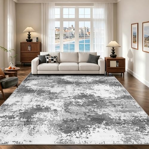 Washable Rug 9x12 Area Rugs for Living Room Bedroom Carpet Grey | Indoor Vintage Abstract Boho Large Rug Non Slip Faux Wool Rugs for Dorm, Dining Room Table, Nursery, Kids Playroom, Gray - color: Grey, size: 9' X 12' (Rectangular)