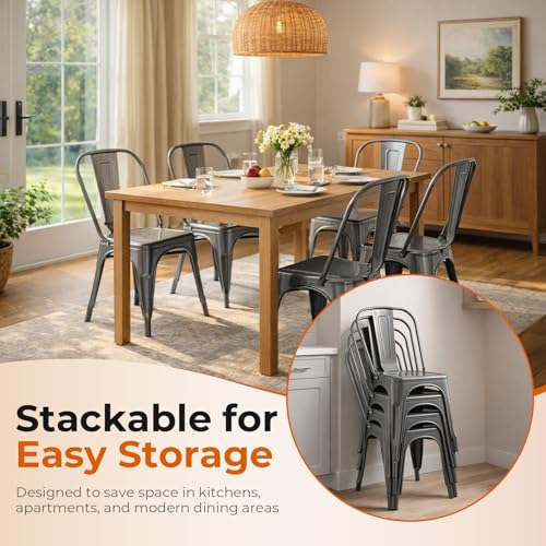 Metal Kitchen Chairs Set of 4 Deepspace Grey Color | Industrial Stackable Metal Chairs,for Kitchen Dining Rooms Cafes Restaurant Outdoor - color: Deepspace Grey