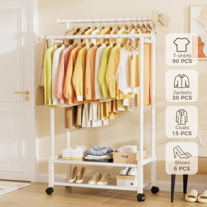 Double Rod Clothing Rack with 2 Shelves, Rolling, White | All tools included, metal frame, 4 casters with 2 locking, for bedroom, laundry, and entryway - color: White