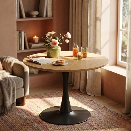 31.5" Round Tulip Table - Mid Century Modern Kitchen Dining Table | Natural Wood Grain Top & Black Pedestal Base, Space-Saving Table for Apartment, Breakfast Nook, Office, Small Dining Areas - color: Natural & Black, size: 31.5 Inch