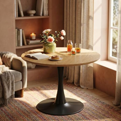 31.5" Round Tulip Table - Mid Century Modern Kitchen Dining Table | Natural Wood Grain Top & Black Pedestal Base, Space-Saving Table for Apartment, Breakfast Nook, Office, Small Dining Areas - color: Natural & Black, size: 31.5 Inch