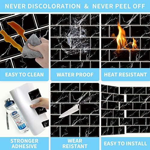URCOLOR 10-Sheet Back Splashes for Kitchens Peel and Stick,12"x12" Self Adhesive Subway Wall Tiles Stick on backsplash Tiles for Bathroom Black Marble - color: Black