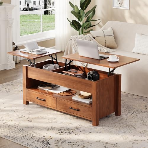Multifunctional Lift Top Coffee Table, Convertible Wooden Coffee Table with 2 Drawers & Hidden Compartment, Storage Center Table for Living Room Home Office,Brown - color: Brown
