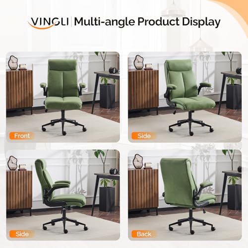 VINGLI Rolling Ergonomic Office Desk Chair with Padded Flip-up Arms, 360° Swivel High Back Executive Computer Task Chair with Wheels for Game,Home Small Space, Study Room, Reading Room,Pu Green - color: Leather-green