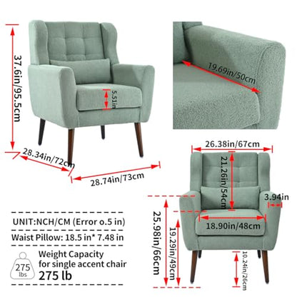 Accent Chair, Living Room Chairs with Solid Wood Legs & Pillow | Chairs Living Room with High Tufted Backrest, Reading Chair for Bedroom/Office, Teddy Fabric - color: Light Green(a)