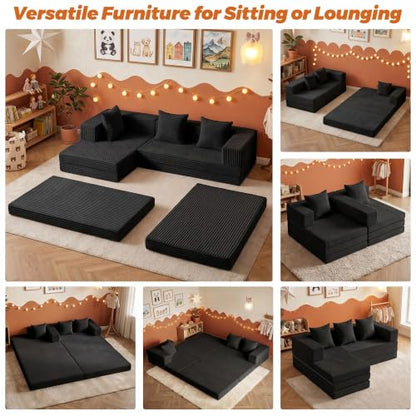 6-in-1 Boneless Couches Modular Sectional Sofa | Cloud Couch Sectional & Tri-Folding Mattress | Corduroy Pet-Friendly Convertible Sofa Bed with 800LB Capacity Living Room, Apartment, Guest Room - color: Black