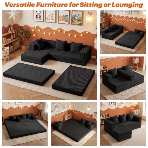 6-in-1 Boneless Couches Modular Sectional Sofa | Cloud Couch Sectional & Tri-Folding Mattress | Corduroy Pet-Friendly Convertible Sofa Bed with 800LB Capacity Living Room, Apartment, Guest Room - color: Black