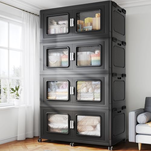 BROVIEW 1200 Qt Extra Large Stackable Storage Bin with Lids, 4 Pack Black | 300Gal Extra Large, Collapsible Storage Boxes with 4 Lids, Folding& Rolling Plastic Drawer, Heavy-Duty Cabinet Organization - color: Black, size: 300QT-4pack