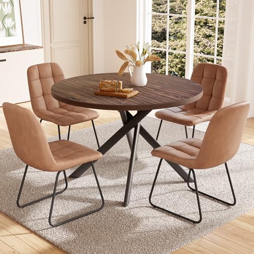 HIPIHOM 45.3 Inch Round Dining Table Set for 4, Mid Century Modern Small Coffee Set for Dining Room Kitchen Apartment (Dark Walnut Table + 4 U-Shaped Brown Chairs) - color: Walnut Table+4 U-shaped Brown Chairs