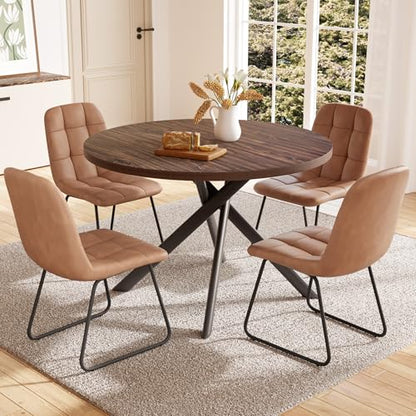 HIPIHOM 45.3 Inch Round Dining Table Set for 4, Mid Century Modern Small Coffee Set for Dining Room Kitchen Apartment (Dark Walnut Table + 4 U-Shaped Brown Chairs) - color: Walnut Table+4 U-shaped Brown Chairs