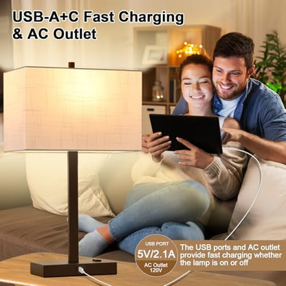 21" Touch Bedside lamps with 2 USB & AC Outlets, 3-Way Dimmable Bedside Table Lamps Set of 2 for Bedroom Living Room Office Reading, White Shade Lamps for Night Stands, 2700K LED Bulbs Included - color: (2 Pack)White Linen & Brown (Base)-2700K Bulbs Inclu