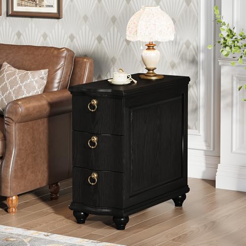 Tribesigns Wood Black End Table, 3-Drawers Fully Assembled Narrow Slim Side Table, No Assembly Required, Nightstand for Bedside, Small Spaces, Living Room, Bedroom - color: Black