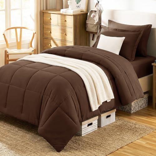 Twin Comforter Set, 5-Piece Bed in a Bag, Brown | Back-to-School Ready, OEKO-TEX Certified, Box-Stitched Design, 240 GSM Fill, All-Season Comfort, Sheets, Pillowcase & Sham - color: Brown, size: Twin(68"x88")