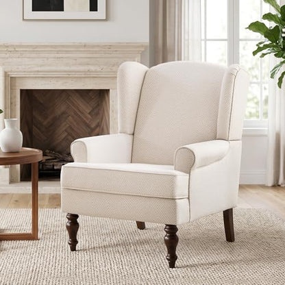 HUIMO Printed Wingback Accent Chair, Linen Upholstered High Back Armchair, Comfy Reading Chair for Living Room Bedroom Study, 300lbs Weight Capacity (1, Tan with Lines) - color: Tan With Lines