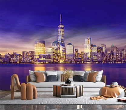Eierme-New York City Skyline lit up at Night time Reflecting Off of the Hudson River 160" x 114" - color: No.9, size: 160" x 114"