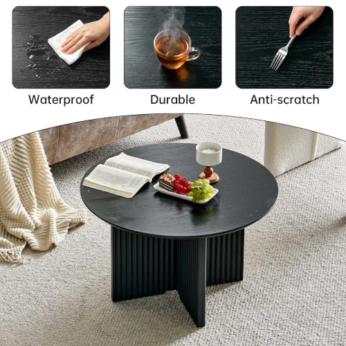 27" Round Coffee Table, Modern Coffee Tables with Fluted Base, Wooden Circle Accent Center Table for Living Room Small Space Apartment Office, Black - color: Black, size: 27" Cross-leg Table