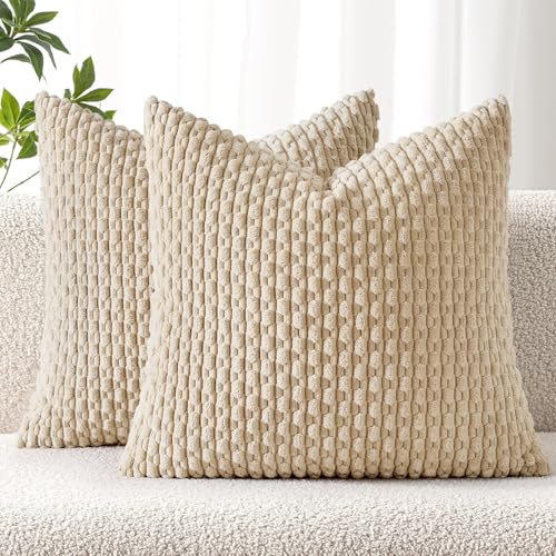 MIULEE Decorative Throw Pillow Covers 16x16 Beige Textured Corduroy | Pack of 2 Striped Pillow Covers Modern Farmhouse Home Decor for Couch Bed Sofa Living Room - color: Beige, size: 16" x 16" (Pack of 2)