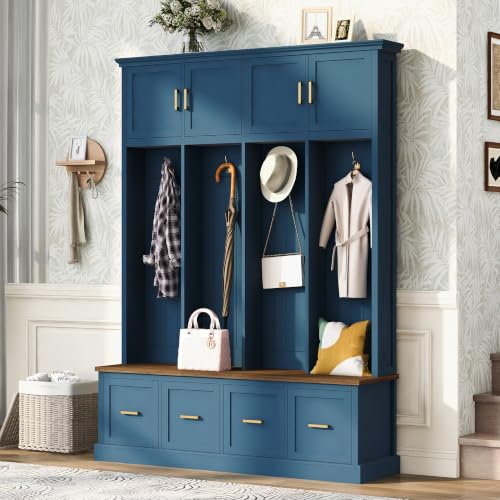 Farmhouse Hall Tree with Storage Cabinet & Shoe Bench, Navy Blue | 78.5’’ Tall Entryway Organizer with 4 Door, 4 Drawers & 4 Coat Hooks for Hallway Living Room Mudroom - color: Navy Blue, size: 59.05''W x 15.74''D x 78.54''H