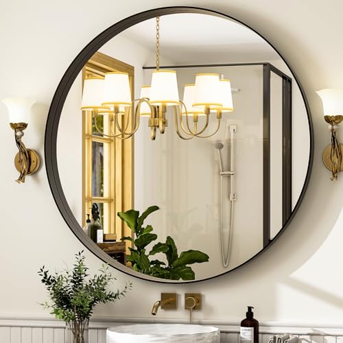 30 Inch Round Bathroom Mirror - Wall Mounted Circle Mirror with Metal Frame, Modern Mirror Suitable for Bathroom, Vanity, Entryway, Living Room, Wall Decor,Black - color: Black, size: 30"L x 30"W