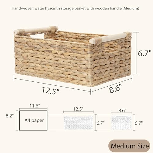 Rectangle Water hyacinth wicker storage basket Organizer(Medium) | Handwoven Shelf basket with Wooden Handles for Pantry & Closet - size: Medium