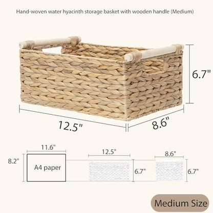 Rectangle Water hyacinth wicker storage basket Organizer(Medium) | Handwoven Shelf basket with Wooden Handles for Pantry & Closet - size: Medium