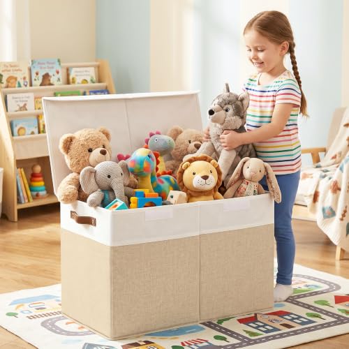 Large Toy Storage Box with Lids, Collapsible Sturdy Baby Storage Organizer Chest Bin Basket for Kids, Boys, Girls, Playroom, Nursery, Bedroom, Closet 25"x13"x16" (Beige and White) - color: Beige and White