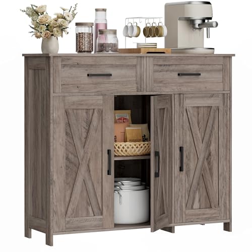 Homhedy Coffee Bar Storage Cabinet with Drawers, Kitchen Buffet Cabinet | Sideboard Cabinet with Doors, Farmhouse Buffet Cabinet, Adjustable Shelves, for Kitchen / Dining / Living Room, Greige - color: Greige
