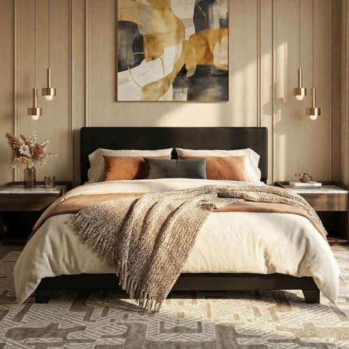 SHA CERLIN PU Leather Upholstered Queen Size Bed Frame with Headboard,Black | Adjustable Low-Profile Platform Bed, Minimalist Design, Stable Mattress Foundation, Strong Back-Support, No Box Spring Needed - color: Black, size: Queen