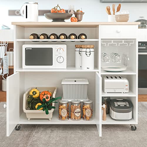 IRONCK Rolling Kitchen Island Cart with Drop-Leaf and Wine Rack, White | Wheels, Drawers, Open Shelves, Adjustable Shelves, and Spacious Drawer Storage - color: White