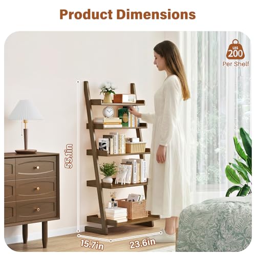 CozyDH Wooden Ladder Shelf, Walnut Bookshelf 5-Tier for Saving Space,Ladder Bookshelf Storage for Living Room, Bedroom, Home Office,23.6''Dx15.7''Wx55.1''H - color: Walnut