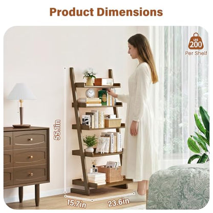 CozyDH Wooden Ladder Shelf, Walnut Bookshelf 5-Tier for Saving Space,Ladder Bookshelf Storage for Living Room, Bedroom, Home Office,23.6''Dx15.7''Wx55.1''H - color: Walnut