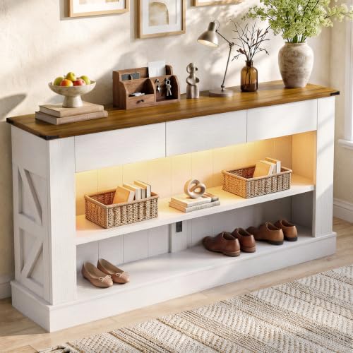 Miereirl 63" Console Table with Drawers & LED Light, Rustic Brown & White | Narrow Entryway Sofa Table, 3 Storage Drawers & Open Shelves, Behind Couch, Living Room Hallway Foyer - color: Rustic Brown&white