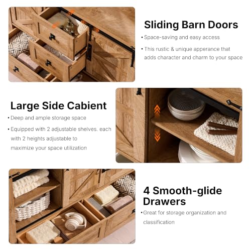 T4TREAM 48" Wide Farmhouse Sideboard Buffet Cabinet, Light Tree Knot | 31.2" Tall Kitchen Cabinet with Storage, 2 Sliding Barn Doors, 4 Drawers, Rustic Wood, Coffee Bar Table, Dining Room - color: Light Tree Knot